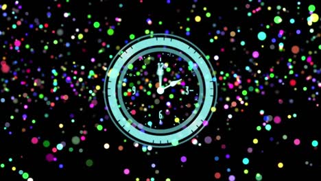 Animation-of-clock-and-falling-colorful-spots-over-black-background