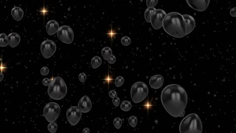 Animation-of-flying-black-balloons-and-lights-over-black-background