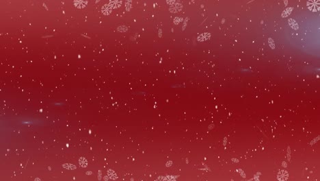 Animation-of-snow-falling-and-lights-over-red-background