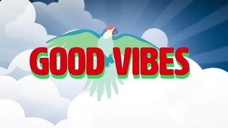 Animation-of-good-vibes-text-over-parrot-and-sky-with-clouds