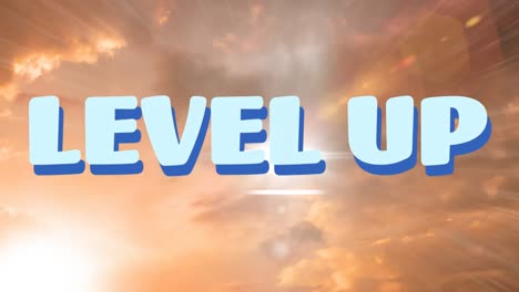 Animation-of-level-up-text-over-sky-with-sun-and-clouds