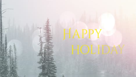 Animation-of-happy-holiday-text-with-spots-of-light-and-fir-trees-in-background