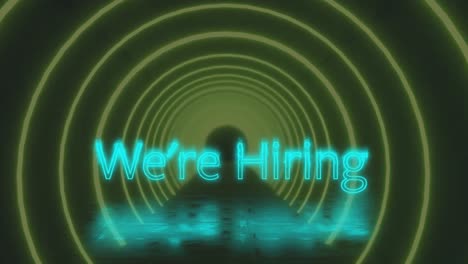 Animation-of-we're-hiring-text-over-neon-circles-on-black-background