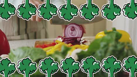Animation-Von-Brokkoli-Symbolen-über-Einer-Kaukasischen-Frau,-Die-Gemüse-Schneidet