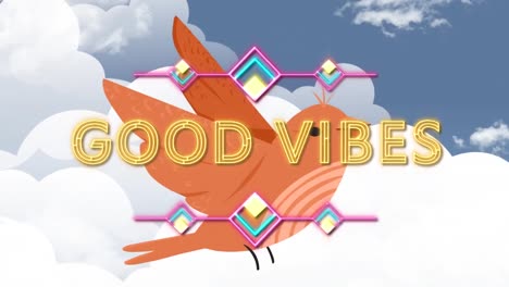 Animation-of-good-vibes-text-over-bird-and-sky-with-clouds
