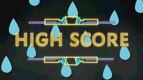 Animation-of-high-score-text-over-water-drops-on-blue-background