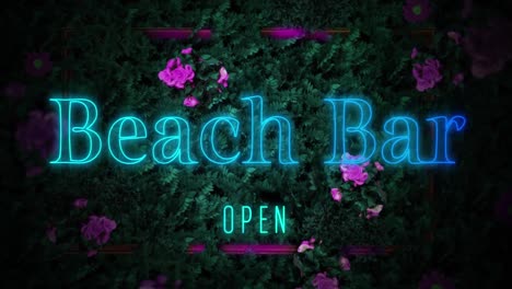 Animation-of-beach-bar-open-text-over-flowers-on-black-background