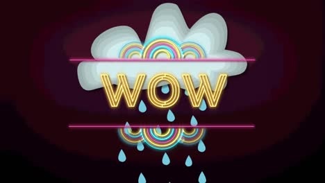 Animation-of-wow-text-over-cloud-with-rain-on-purple-background