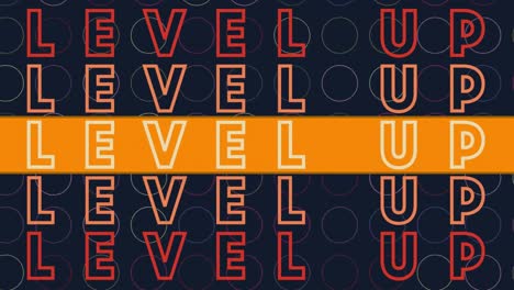 Animation-of-level-up-text-repeated-over-colorful-circles-on-black-background
