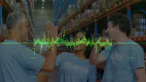 Animation-of-financial-data-processing-over-diverse-volunteers-in-warehouse
