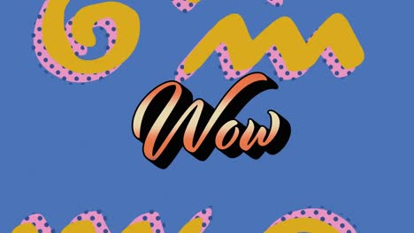 Animation-of-wow-text-over-shapes-on-blue-background