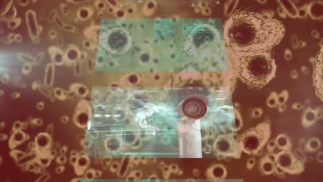 Animation-Von-Bildschirmen-über-Sich-Bewegenden-Zellen-Auf-Rotem-Hintergrund