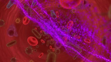 Animation-of-blue-wave-over-on-moving-cells-over-red-background