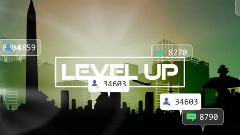 Animation-of-level-up-text-and-numbers-growing-over-cityscape