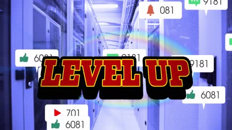Animation-of-level-up-text-and-numbers-growing-over-server-room