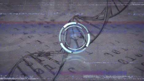 Animation-of-clock-over-spinning-dna-strand-and-binary-code