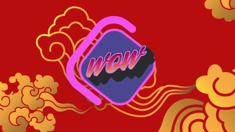 Animation-of-wow-text-over-shapes-on-red-background