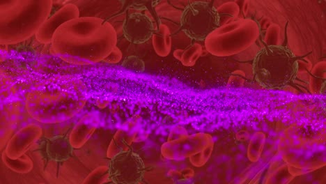 Animación-De-Onda-Púrpura-En-Células-En-Movimiento-Sobre-Fondo-Rojo
