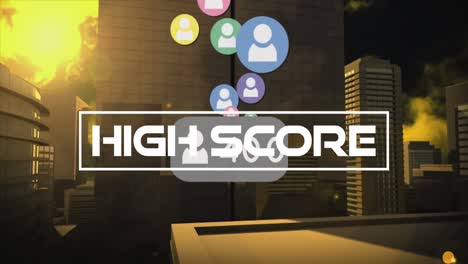 Animation-of-high-score-text-and-numbers-growing-with-icons-over-cityscape