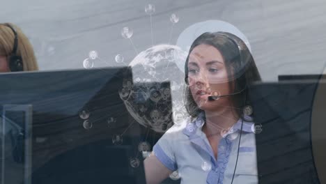 Animation-of-globe-over-business-woman-using-phone-headset