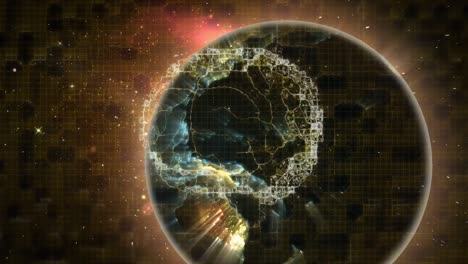 Animation-of-globe-and-digital-brain-over-black-background