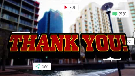 Animation-Von-Dankestexten-Und-Zahlen,-Die-über-Dem-Stadtbild-Wachsen