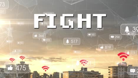 Animation-of-fight-text-and-numbers-growing-over-cityscape