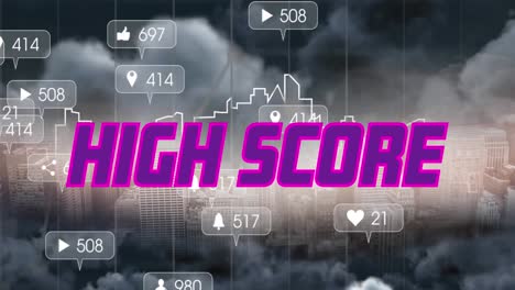 Animation-of-high-score-text-and-numbers-growing-over-cityscape