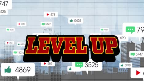 Animation-of-level-up-text-and-numbers-growing-over-cityscape