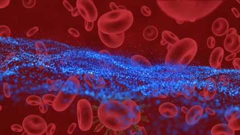 Animation-Einer-Blauen-Welle-über-Sich-Bewegenden-Zellen-Auf-Rotem-Hintergrund