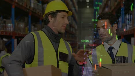 Animation-of-financial-data-processing-over-diverse-workers-in-warehouse