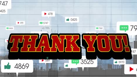 Animation-of-thank-you-text-over-number-growing-and-cityscape