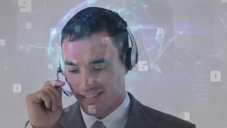 Animation-of-globe-over-business-man-using-phone-headset