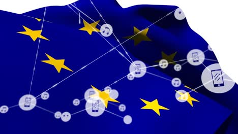 Animation-Des-Verbindungsnetzwerks-Und-Der-Symbole-über-Der-UE-Flagge