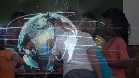 Animation-of-digital-globe-over-diverse-schoolchildren-reading-globe