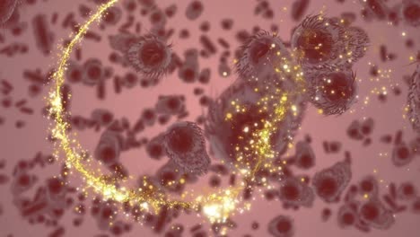Animation-Von-Lichtspuren-über-Sich-Bewegenden-Zellen-Auf-Rotem-Hintergrund