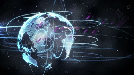 Animation-of-network-of-connections,-purple-lines-and-globe-over-black-background