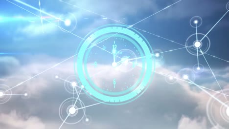 Animation-of-clock-moving-and-network-of-connections-over-sky-with-clouds