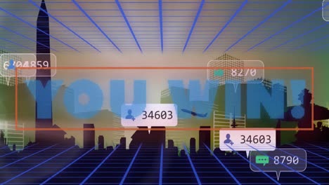 Animation-of-you-win-text-and-numbers-growing-over-cityscape