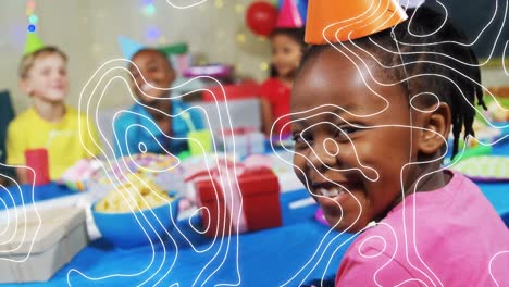 Animation-of-white-lines-over-diverse-children-with-party-hats-at-birthday-party
