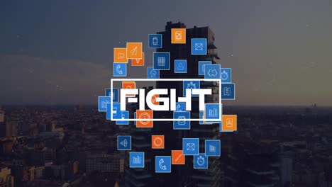Animation-of-fight-text-and-social-media-icons-over-cityscape