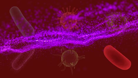 Animation-Einer-Violetten-Welle-Auf-Sich-Bewegenden-Zellen-Auf-Rotem-Hintergrund