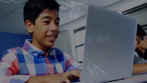 Animation-Mathematischer-Gleichungen-über-Einem-Schüler,-Der-Im-Klassenzimmer-Einen-Laptop-Benutzt