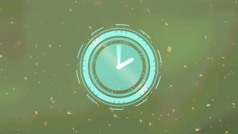 Animation-of-falling-confetti-over-blue-clock-on-green-background