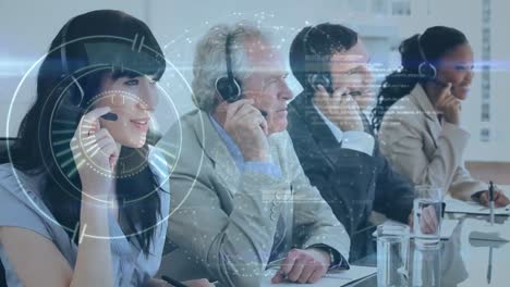 Animation-of-globe-over-business-people-using-phone-headsets