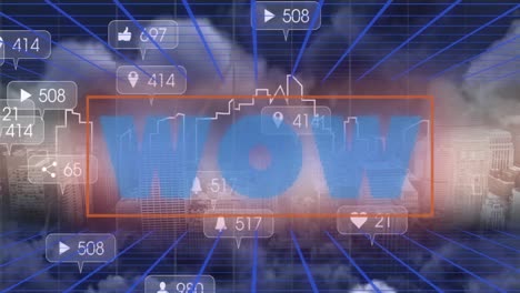 Animation-of-wow-text-and-numbers-growing-over-cityscape