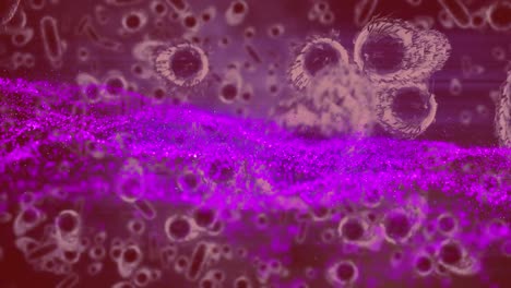 Animación-De-Onda-Púrpura-Sobre-Células-En-Movimiento-Sobre-Fondo-Rojo