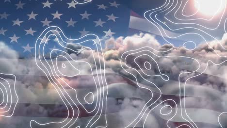 Animation-of-network-of-connection-over-usa-flag-and-cloudy-sky