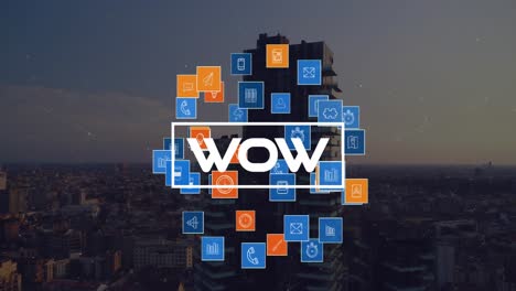 Animation-of-wow-text-and-social-media-icons-over-cityscape