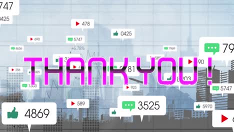 Animation-of-thank-you-text-and-numbers-growing-over-cityscape